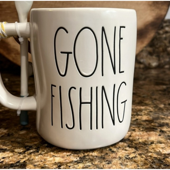 Rae Dunn GONE FISHING Mug & Spoon Set Fisherman Coffee Tea Cup By Magenta - Picture 1 of 8